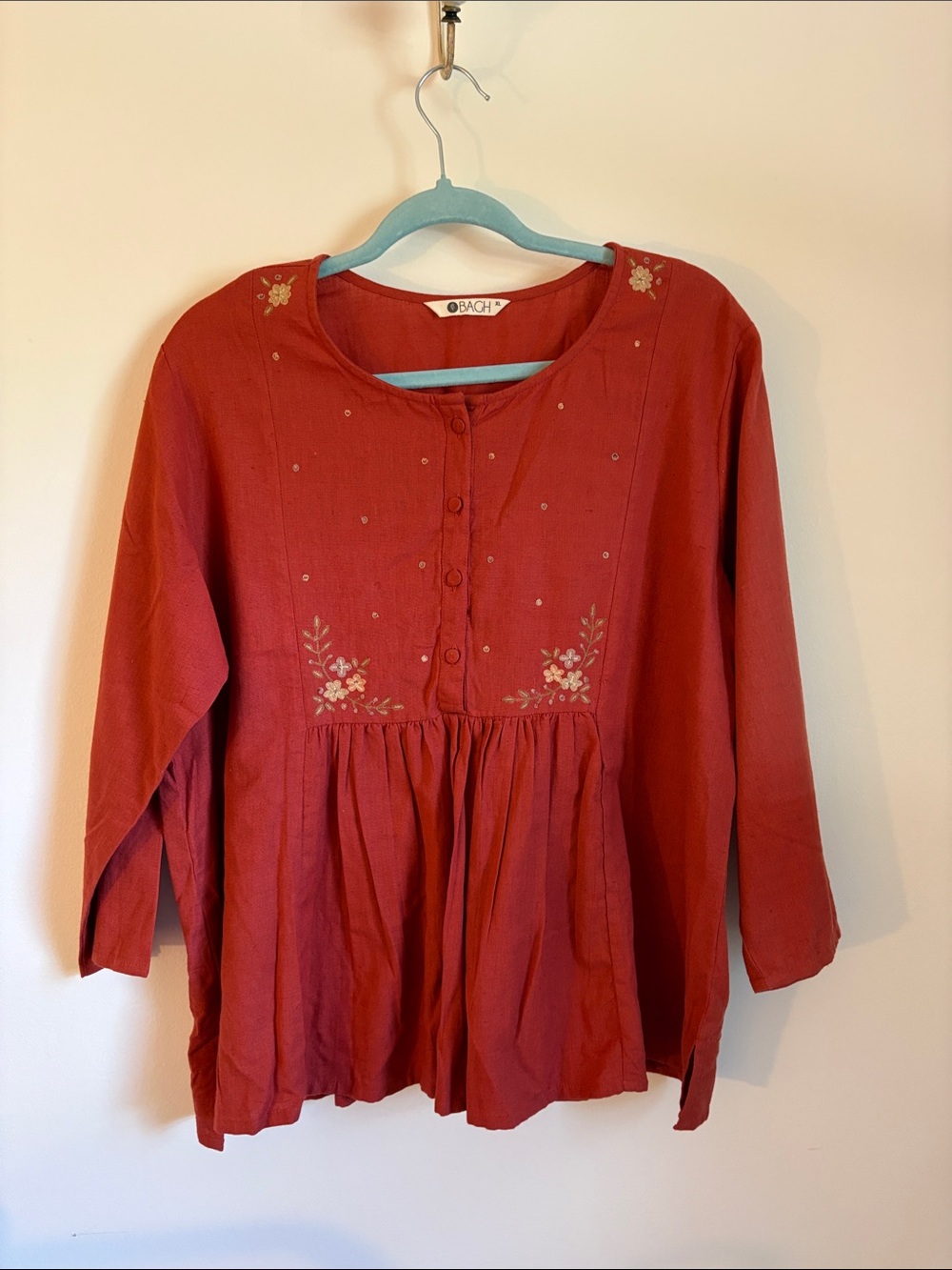 Women's Red/Orange Embroidered Peasant Top from India